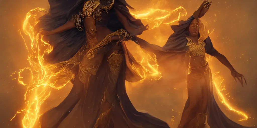 Image similar to gorgeous black woman as a spellcaster mage, singular figure, dynamic pose full body, hands casting a golden fireball spell, extremely intricate flowing robes, obsidian and golden cloak and hood, Octane render, rule of thirds, golden ratio, 8k VFX, Peter Mohrbacher