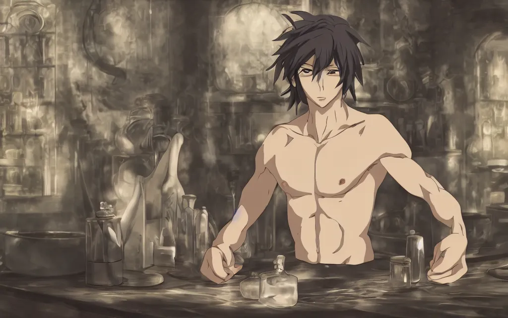 Prompt: An Anime Portrait of a Bare-chested man with long silver hair. Alchemy lab scene. Studio Ghibli Style. 4K HD Wallpaper. Premium Prints Available
