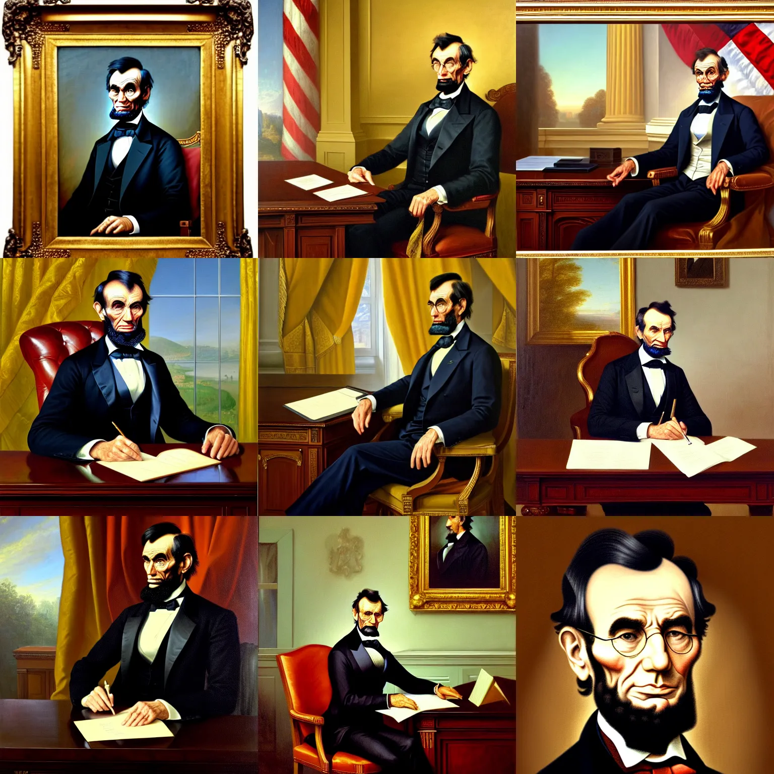 Prompt: portrait of the united states president, suit and tie, sitting at the resolute desk, he resembles abraham lincoln, oil on canvas by william sidney mount - 1 9 9 8, trending on artstation