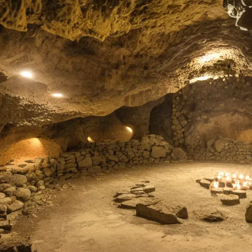 Image similar to a fighting stone-arena, inside a cave, with torches on the walls