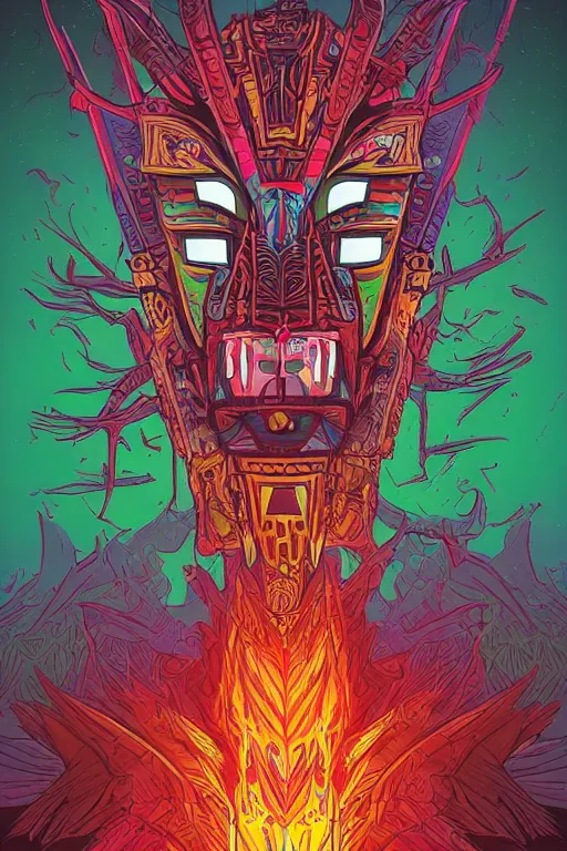 Image similar to totem animal tribal chaman vodoo mask feather gemstone plant wood rock video game illustration vivid color borderlands by josan gonzales and dan mumford radiating a glowing aura