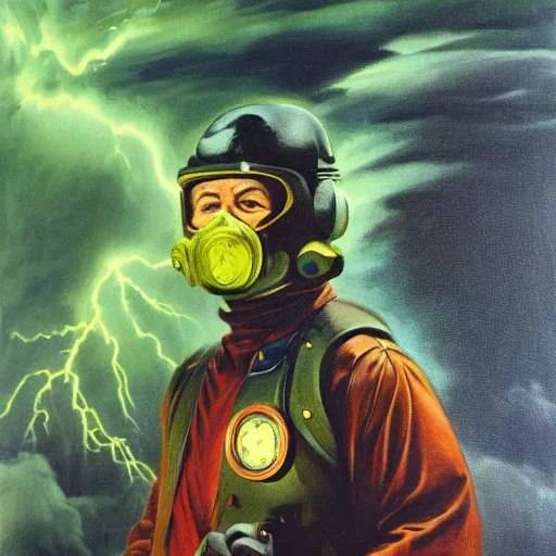 Image similar to ultra realistic portrait painting of a man in a hazmat suit surrounded by glowing green radiation and bats, art by frank frazetta, vintage levi ’ s ad, stormy weather, dark vibes, 4 k, ultra realistic, highly detailed, epic lighting