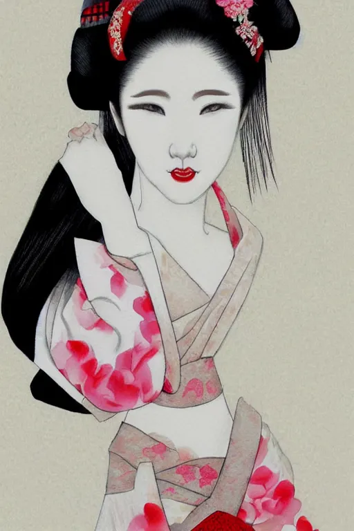 Image similar to sensual and very seductive geisha, digital art, 8k, character, realistic, portrait, photorealism, japan watercolour, masterpiece art