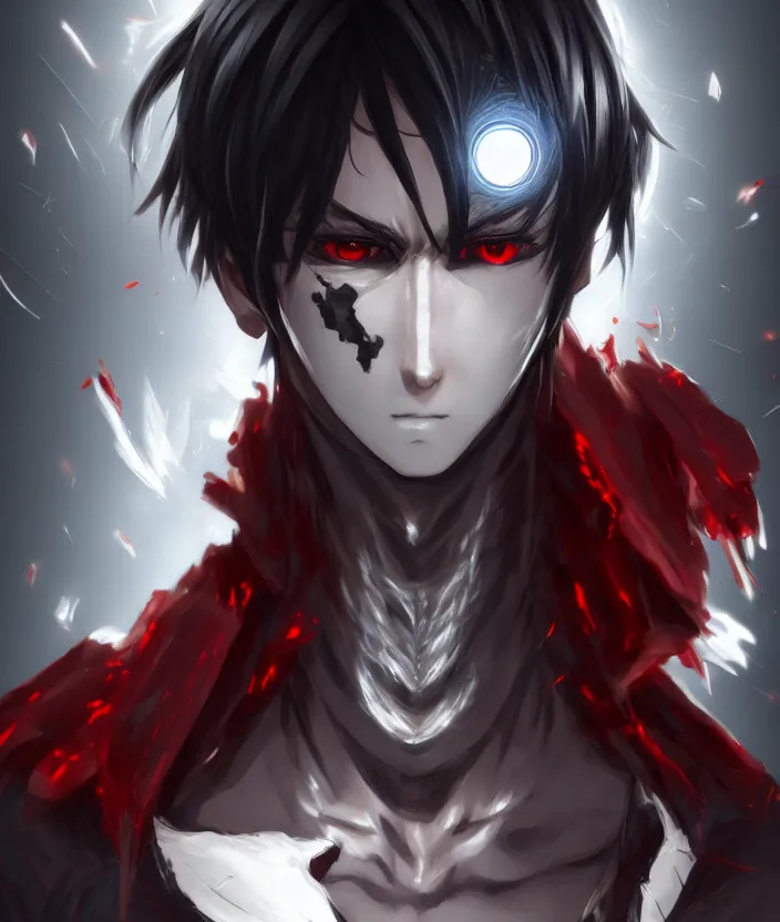 Image similar to ( a detailed manga character portrait of a dark haired silver cyborg anime man with a red mechanical eye wearing a tattered brown cape ), trending on artstation, digital art, 4 k resolution, detailed, octane render, high quality, sharp focus, hq artwork, insane detail, concept art, character concept, character illustration, full body illustration, cinematic, dramatic lighting