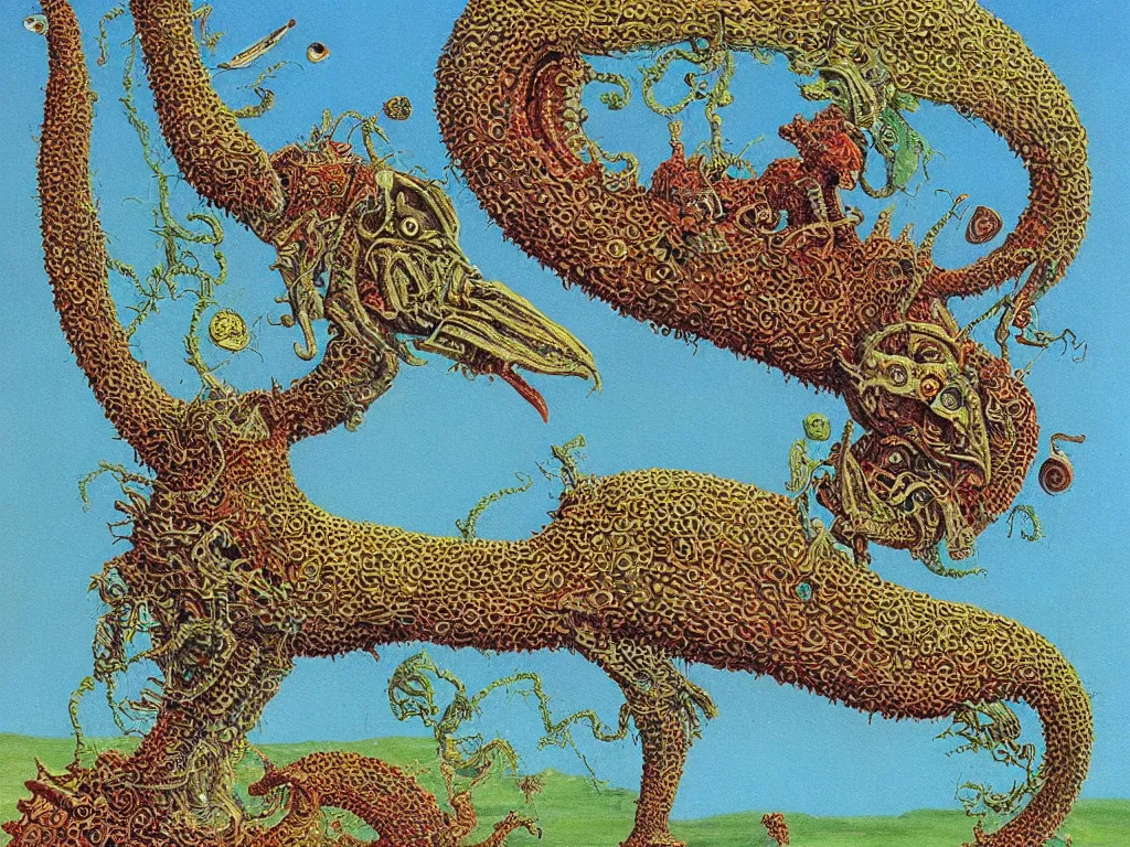 Prompt: close up view of a creature from codex seraphinianus. painting by roger dean