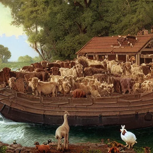 Image similar to an extremely detailed matte painting of the animals leaving noah's ark, dogs, cows, sheep, chickens, ducks, 4 k, noah's ark, antediluvian, by bob ross and norman rockwell