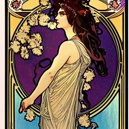 Prompt: persephone as godess of deth, painted by alphonse mucha