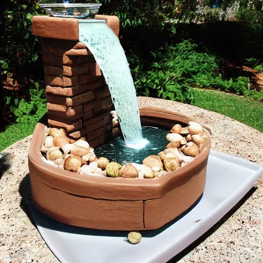 Image similar to beautiful water fountain oasis in the middle of dessert, chocolate brownie, ice cream on side