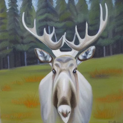 Image similar to white moose wearing shades, oil painting