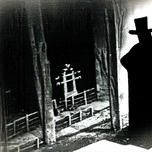 Image similar to cctv security cam grainy black and white footage of baron samedi in an spooky graveyard. baron samedi is wreathed in mist and shadow and is looking at the camera.