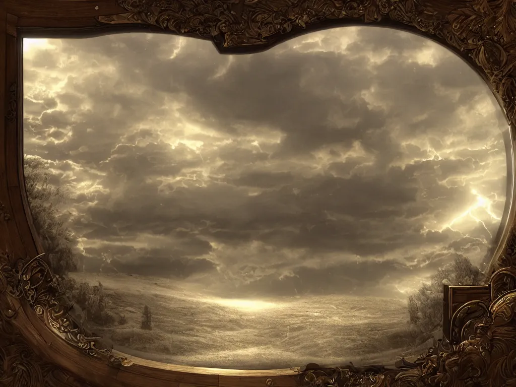 Image similar to richly decorated Victorian modular synthesizer, modern, beautiful, detailed wood, photorealistic, photorealism, lightning, clouds, the winter light comes in through a porthole, volumetric fog