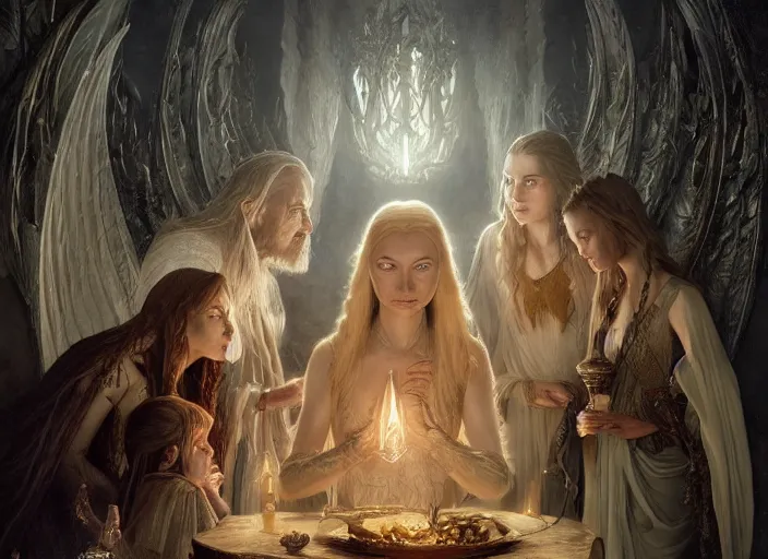 Prompt: a dramatic highly detailed render of the Galadriel and Gollum family, Middle-earth , by WLOP and Artgerm and Greg Rutkowski and Alphonse Mucha, Beautiful dynamic dramatic dark moody lighting, shadows, cinematic atmosphere, Artstation, Octane render, 8K, masterpiece, sharp focus, hyperrealistic, photograph