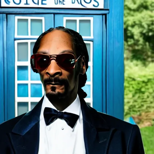 Image similar to snoop Dogg as a 10th doctor in doctor who stayed in his TARDIS, ultra detailed photo, 4k, DSLR, long shot, cinematic