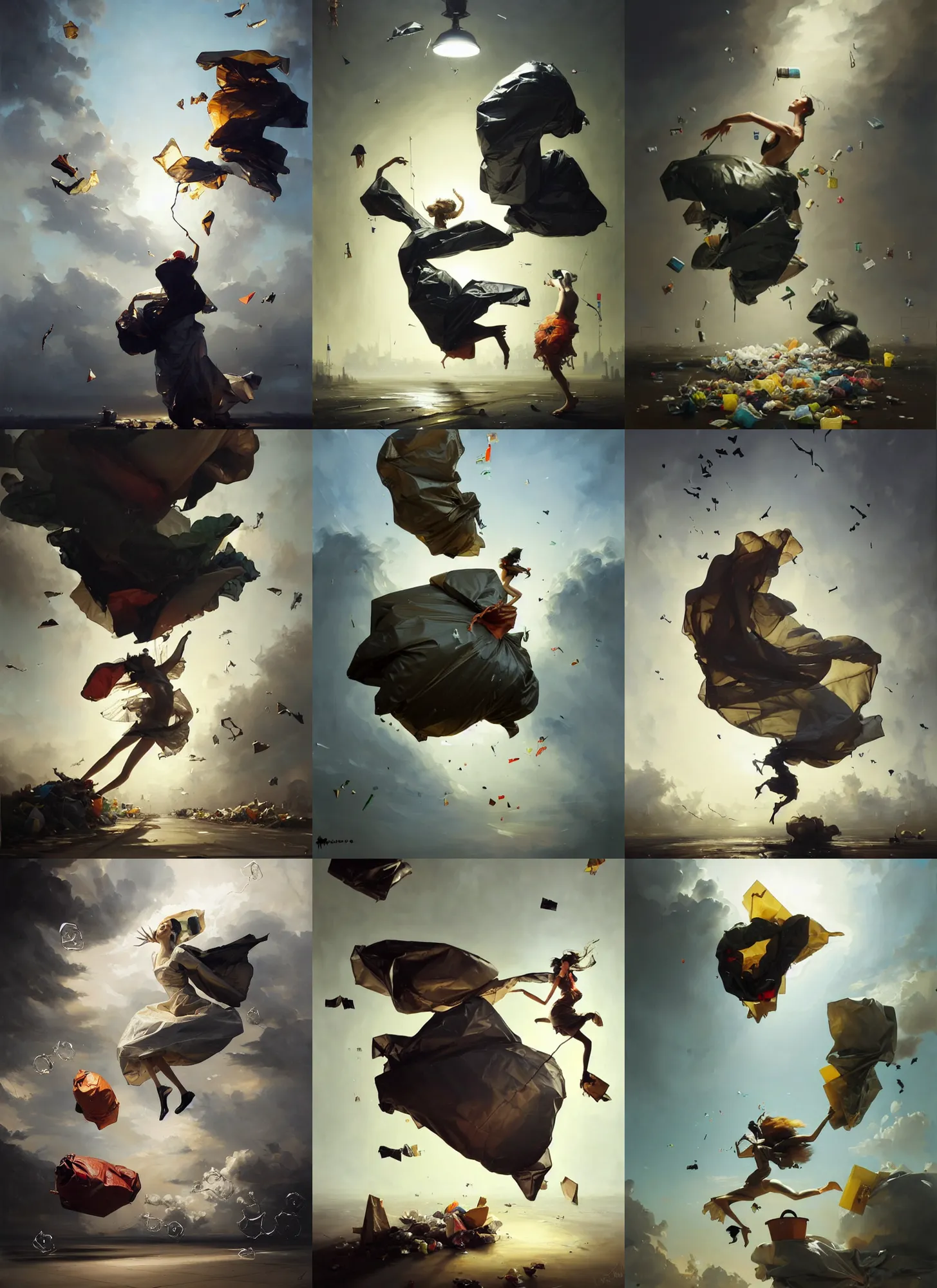 Prompt: fine art oil painting of a plastic garbage bag and garbage flying around, perspective, ultra detailed, elegant, intricate, dynamic lighting, hyperrealism, sharp focus, art by peter mohrbacher and ashley wood and andrei riabovitchev