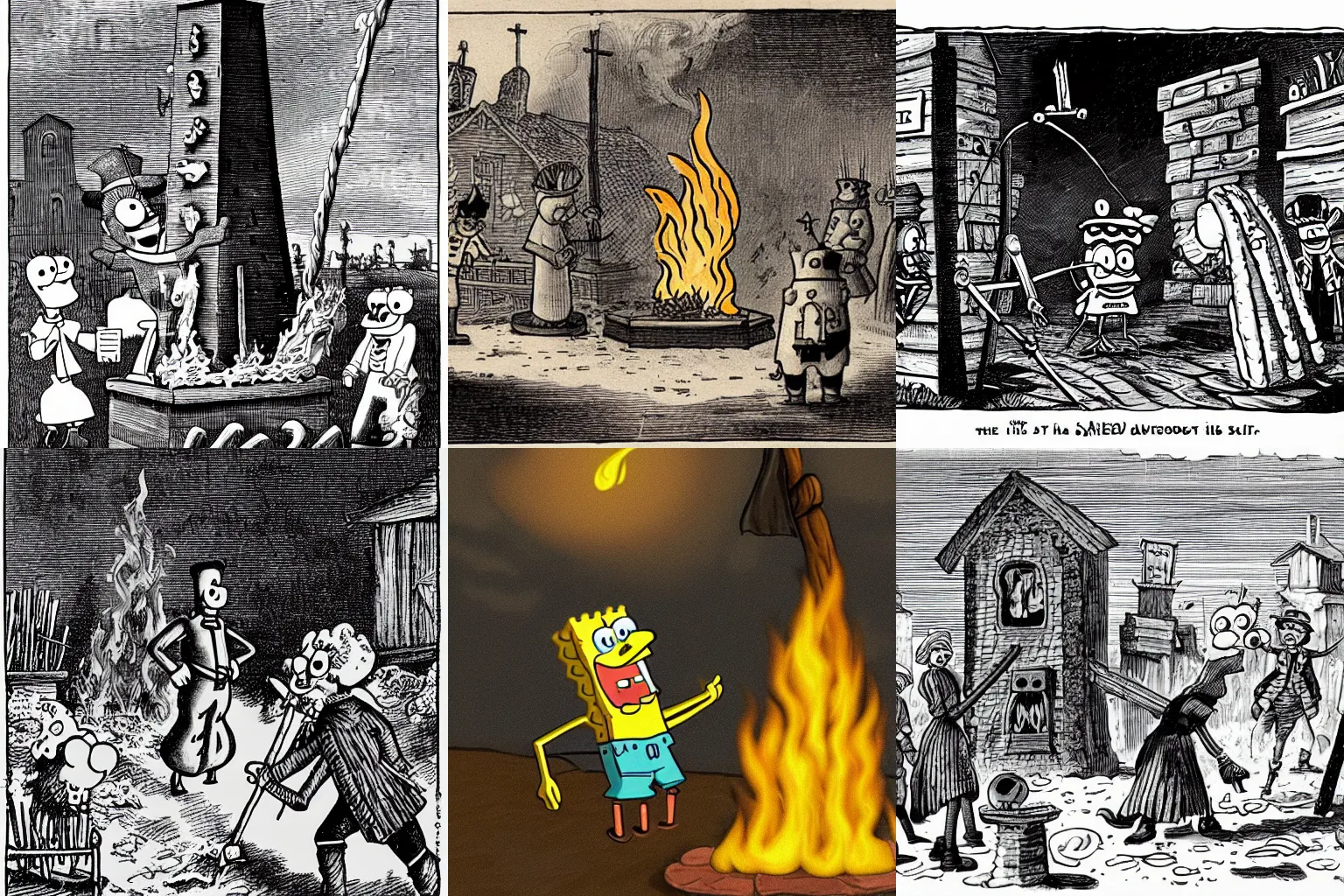 Prompt: spongebob being burned at the stake at the Salem witch trials