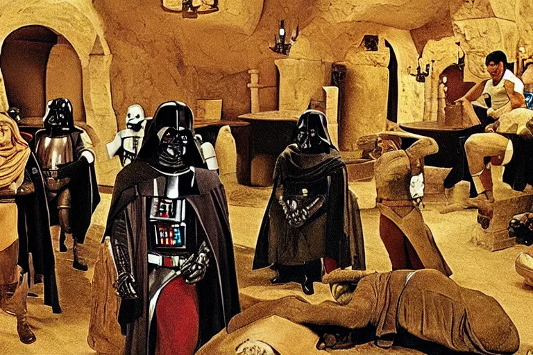 Prompt: the cantina scene from the medieval morality play star wars