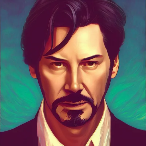 Prompt: Keanu Reeves as Tony Stark, ambient lighting, 4k, alphonse mucha, lois van baarle, ilya kuvshinov, rossdraws, artstation