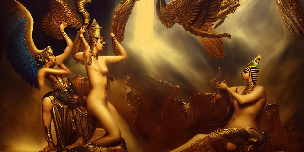 Image similar to Egyptian gods Osiris and Isis, by Rolf Armstrong and Evelyn De Morgan and Bastien Lecouffe-Deharme, dramatic lighting, high contrast colors, baroque, empyrean, panoramic view, as trending on Artstation, highly detailed, doom engine,