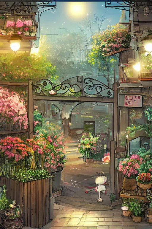 Image similar to a little flower shop's front gate, nostalgic, digital illustration, dramatic lighting, pixiv