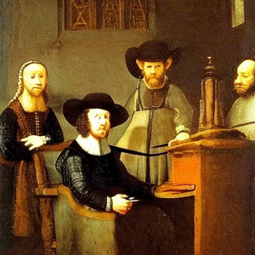 Prompt: medieval painting of sigint analysts, by rembrandt