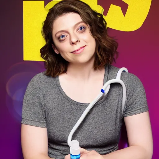 Image similar to rachel bloom hooked up to an iv bag partying at a club, ultra detailed, 8 k resolution, ultrarealistic