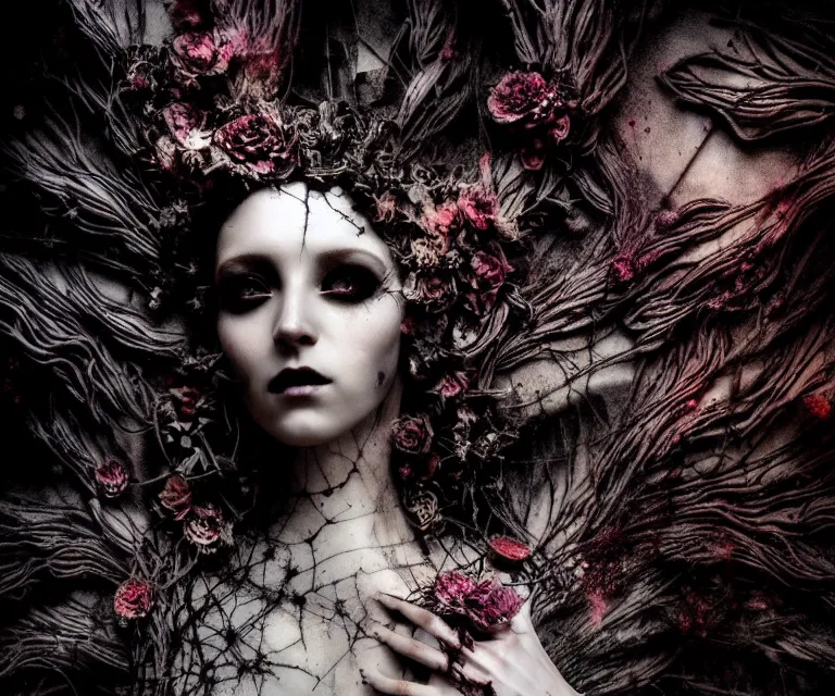 Prompt: a stunning otherworldly gothic goddess of freewill in a old temple, dark and mysterious,, eerie, cinematic, epic, 8 k, ultra detail, ultra realistic | nights falling wind is blowwing snow is pilling concept art in style of carne griffiths artwork by xsullo. | backround of beautiful floweres floatingby elson, peter kemp, peter