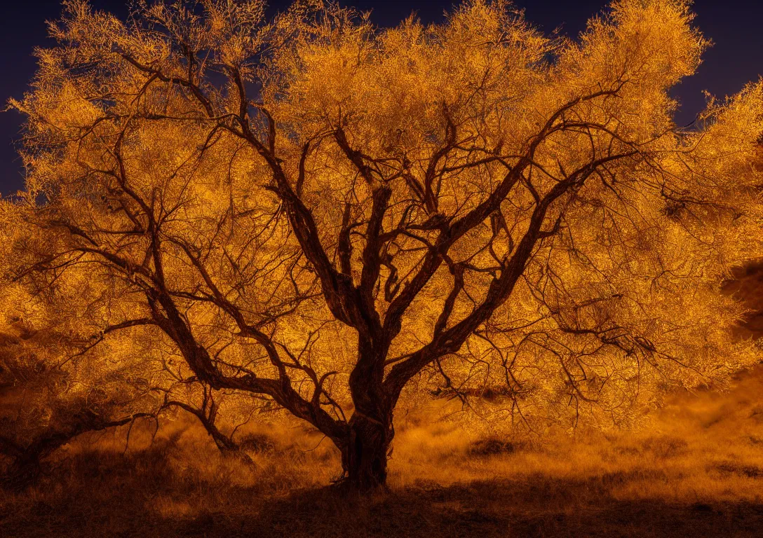 Image similar to a golden tree in a dark desert, detailed photography, dennis velleneuve, vivid colors, ultra realistic, 8 k, photography