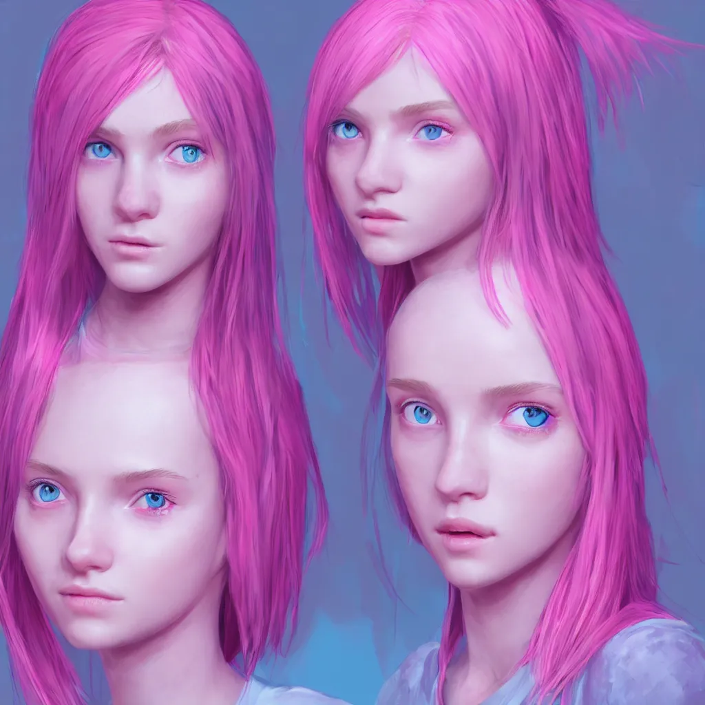 Prompt: detailed concept art for the main character in the award winning film named life is better in pink. the character is a unnaturally beautiful teenage girl with deep blue eyes and pink dyed hair, wearing only light pink clothes. cg render, high key lighting, trending on art station, vibrant colors.