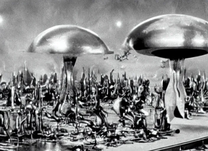 Image similar to scene from a 1950 science fiction film about an alien invasion