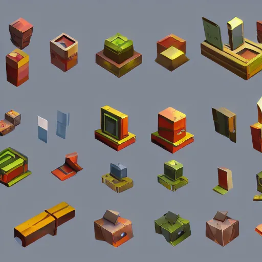 Prompt: props concept game design assets modular walls, low poly, interconnecting