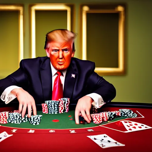 Image similar to Trump playing poker, hyperdetailed, photo realistic, dramatic lighting, Nat Geo award winner, 100mm lens, bokeh