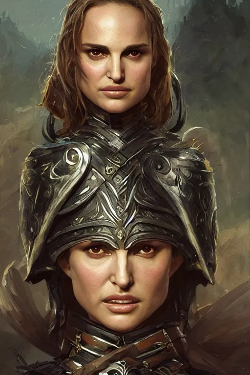 Image similar to natalie portman, legendary warrior, heroic, lord of the rings, tattoos, decorative ornaments, battle armor, by carl spitzweg, ismail inceoglu, vdragan bibin, hans thoma, greg rutkowski, alexandros pyromallis, perfect face, fine details, realistic shading photorealism