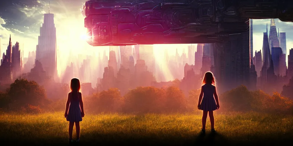 Prompt: textless sci - fi scene future new york cityscape, little girl in manhattan holding hand of giant robot, lonely girl, forest punk, crepuscular rays, epic scene, hyper realistic, photo realistic, overgrowth, cinematic atmosphere, ethereal lighting,