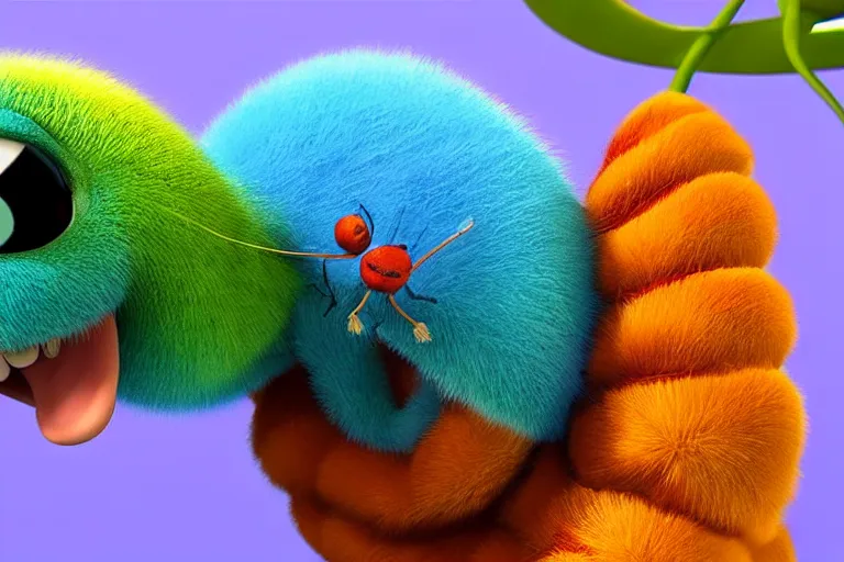 Image similar to disney pixar's a bug's life, cgi caterpillar colorful, furry caterpillar