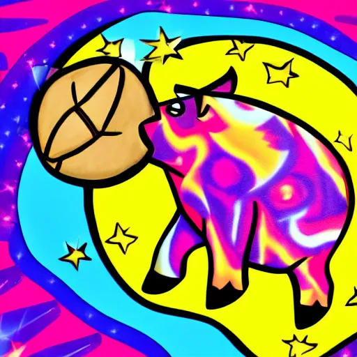 Image similar to lisa frank dashing pig wearing a simple gold throwing a football in the style of Andy J Pizza