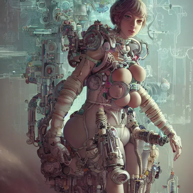 Prompt: the portrait of true neutral semi - colorful female cyborg milk maid as absurdly beautiful, gorgeous, elegant, lactating robot, an ultrafine hyperdetailed illustration by kim jung gi, irakli nadar, intricate linework, bright colors, octopath traveler, final fantasy, unreal engine 5 highly rendered, global illumination, radiant light, detailed and intricate environment