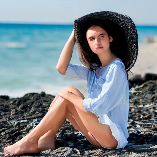 Image similar to Woman with long hair sitting at the beach wearing stylish clothes, photograph, highly detailed, perfect face, high quality, trending 8k