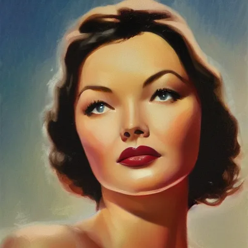 Image similar to young beautiful Gene Tierney color studio publicity photo , tight face shot portrait, highly detailed, digital painting, artstation, concept art, illustration, art , by dean cornwell