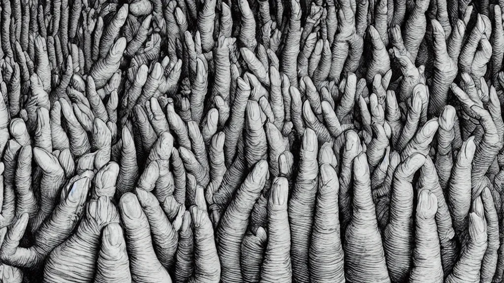 Prompt: a forest of fingers, by chris van allsburg and m. c. escher, fine inking lines, surreal fantasy