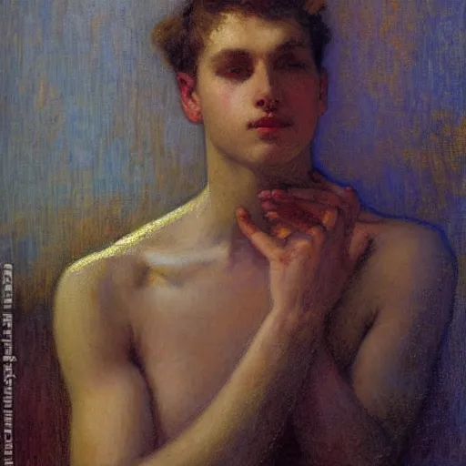 Prompt: eloquent haunted young man head in hands against bright background, oil painting, gaston bussiere, mucha, gerome,