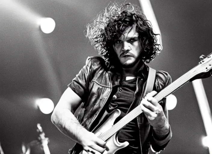 Image similar to promotional image of a kit harrington in a heavy metal band in a movie from 1978, rugged black clothes, detailed face, movie still frame, promotional image, imax 70 mm footage