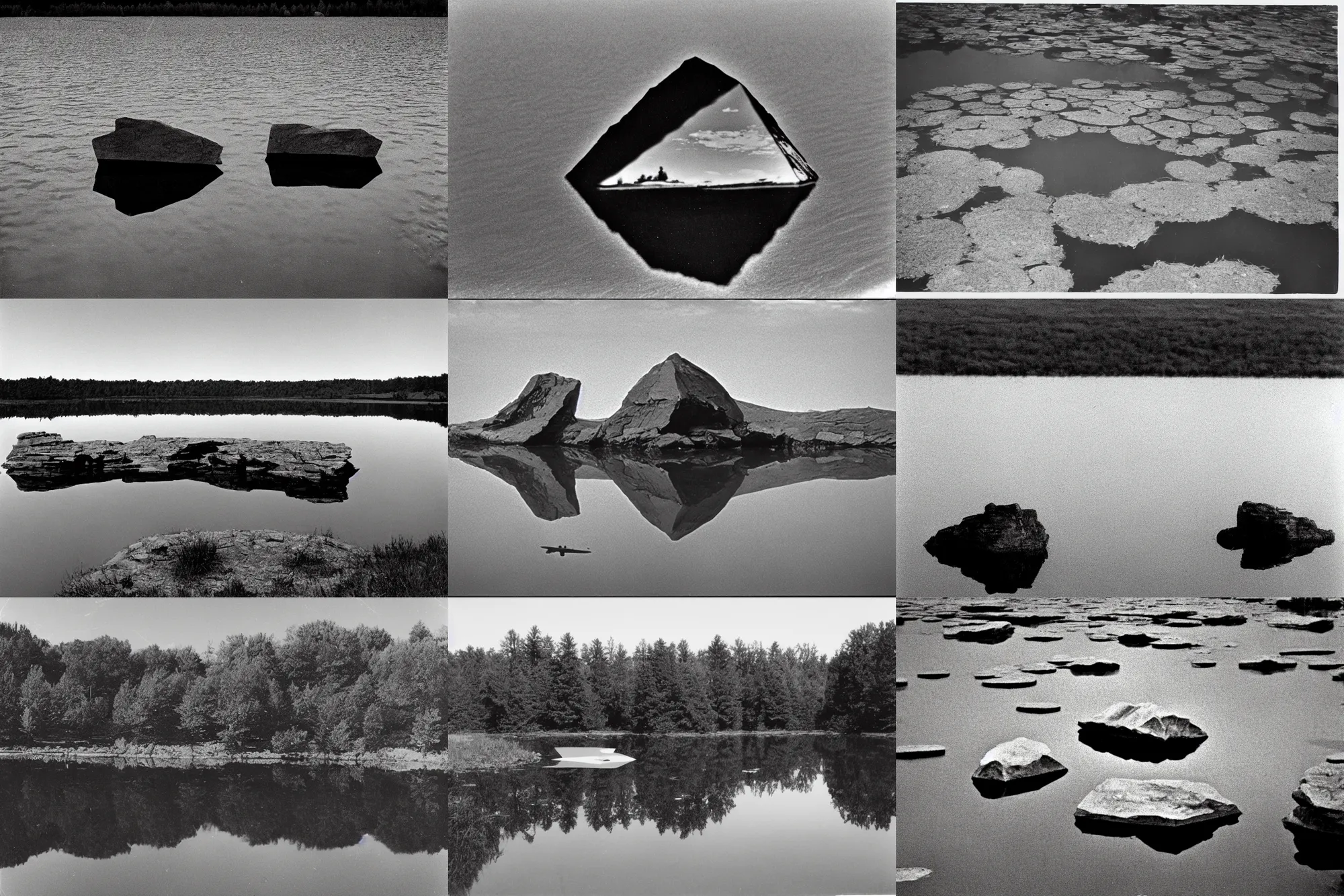 Prompt: rock reflecting in still pond as polygonal alien aircraft hovers above, film grain, 3 5 mm lens, government archive, declassified