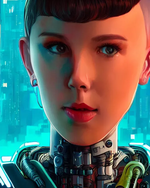 Prompt: cyberpunk millie bobby brown as a robot by rossdraws