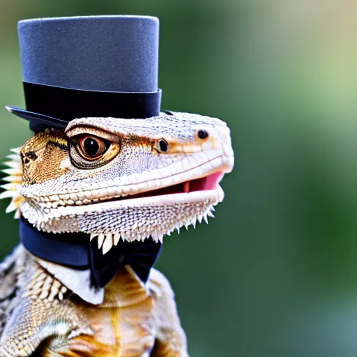 Image similar to dslr portrait still of a bearded dragon wearing a top hat and bow tie, 8 k 8 5 mm f 1. 4