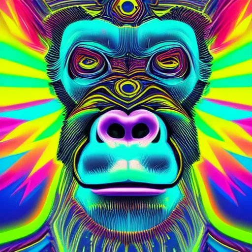 Image similar to a psychedelic neon technicolor portrait illustration of a gorilla in geometric kaleidoscopic colors trending on artstation 4 k intricate extremely detailed digital art