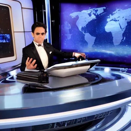 Image similar to the new alien with dapper style hosting on cnn prime time, studio photograph