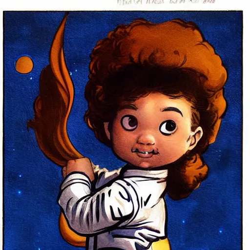 Image similar to a cute little girl with a mischievous face and short brown wavy curly hair. she is dressed as an astronaut. well composed, clean elegant painting, beautiful detailed face. comic book art by steve ditko and jack kirby and ( greg rutkowski )