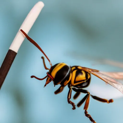 Prompt: a wasp sitting on an ice cream sunday staring angrily at the camera, photograph, realistic