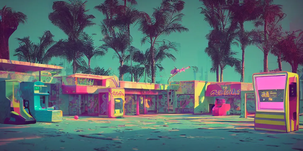 Prompt: 80s outdoor retro arcade, 80s color scheme, retro, pastel colors, desolate, lush vegetation, snow, moody:: by beeple and James Gilleard and Justin Gerard :: ornate, dynamic, particulate, intricate, elegant, highly detailed, centered, artstation, smooth, sharp focus, octane render, 3d