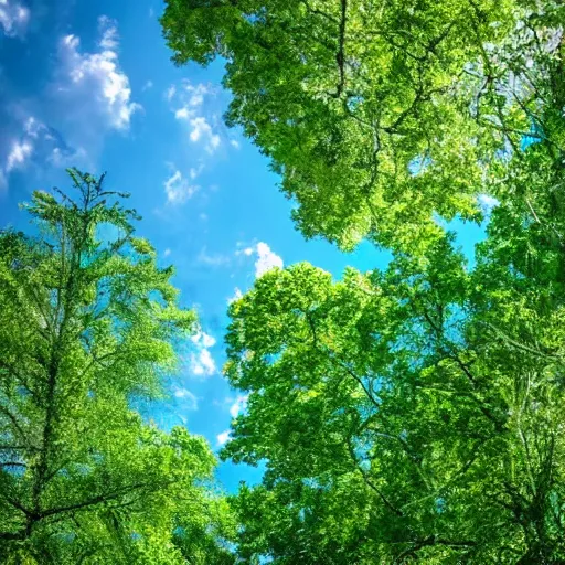 Image similar to blue sky, green trees and clouds